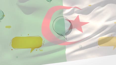 Animation-of-flag-of-algeria-blowing-over-floating-empty-speech-bubble-shapes