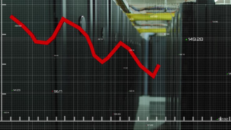 Animation of red line and financial data processing over computer servers