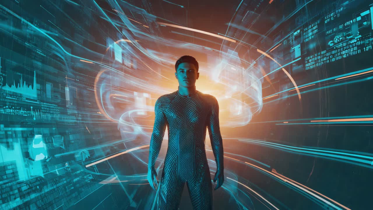 A man in a futuristic cyberspace environment