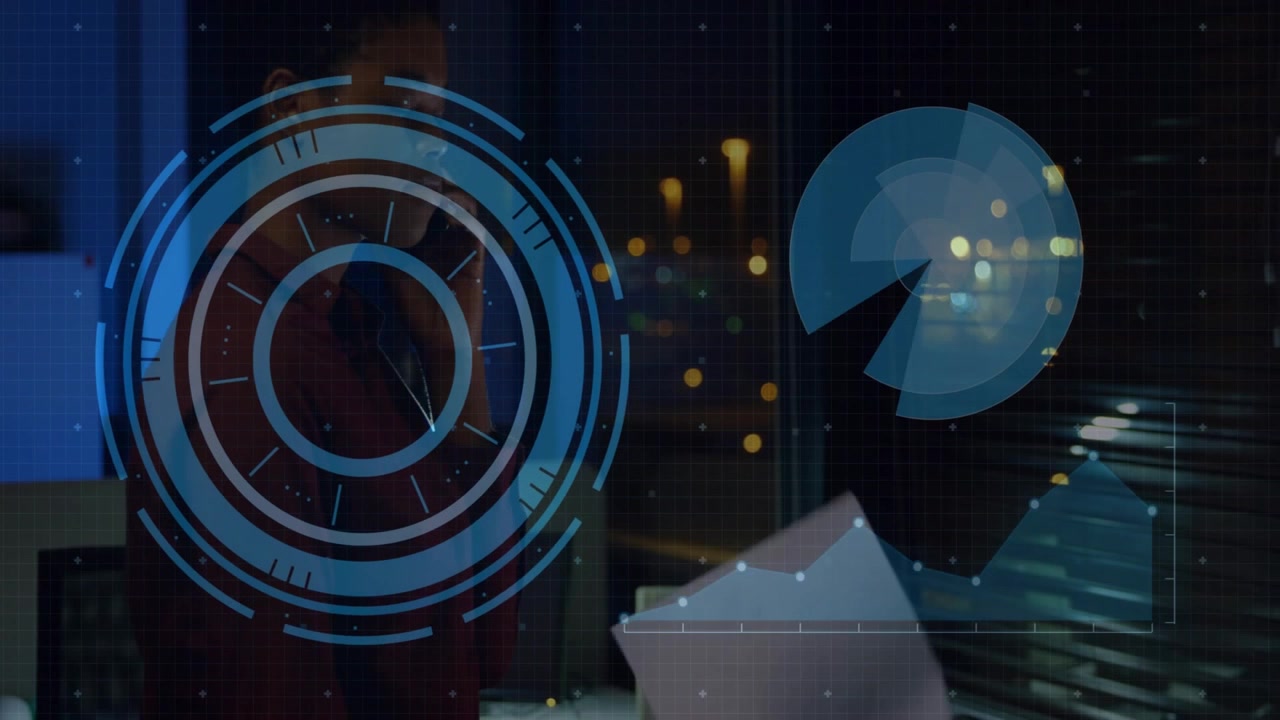 Woman taking call while scanning documents for finance review by glass, holographic charts updating