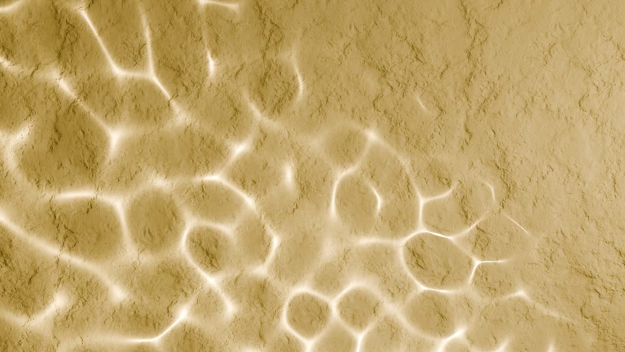 Abstract water reflection on yellow textured surface. Sunlight ripple pattern with aquatic effect. Summer and vacation concept. Design for wallpaper, poster, banner, header, card. Flat lay copy space