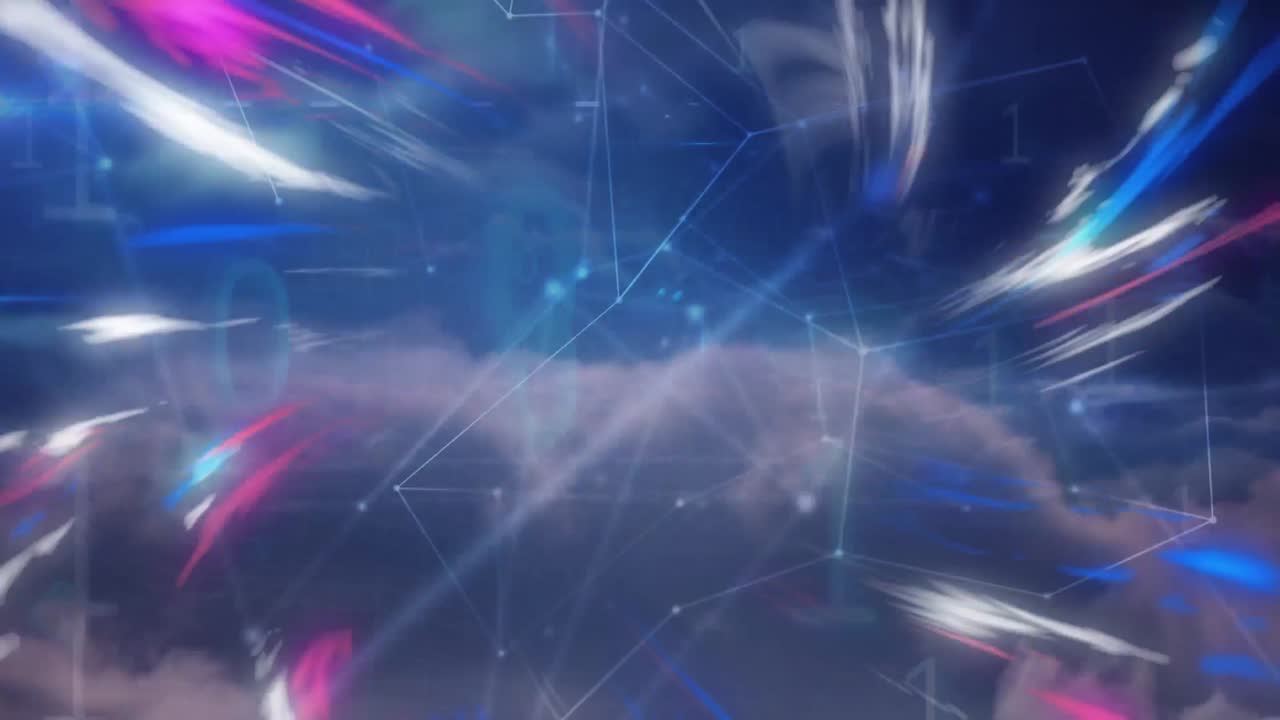 animaciones de la red de conexiones sobre luces azules y rosadas en un cielo nublado