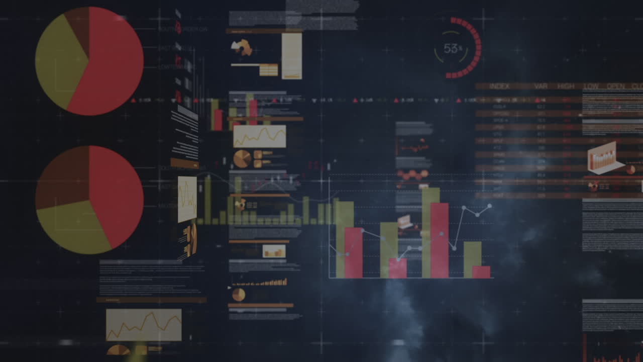 하늘에서 천둥 폭풍에 대한 통계적 데이터 처리와 함께 화면의 복합 비디오