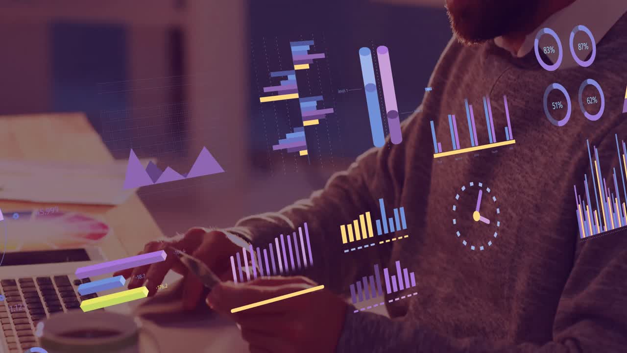 Animation of financial data processing over biracial businessman using computer