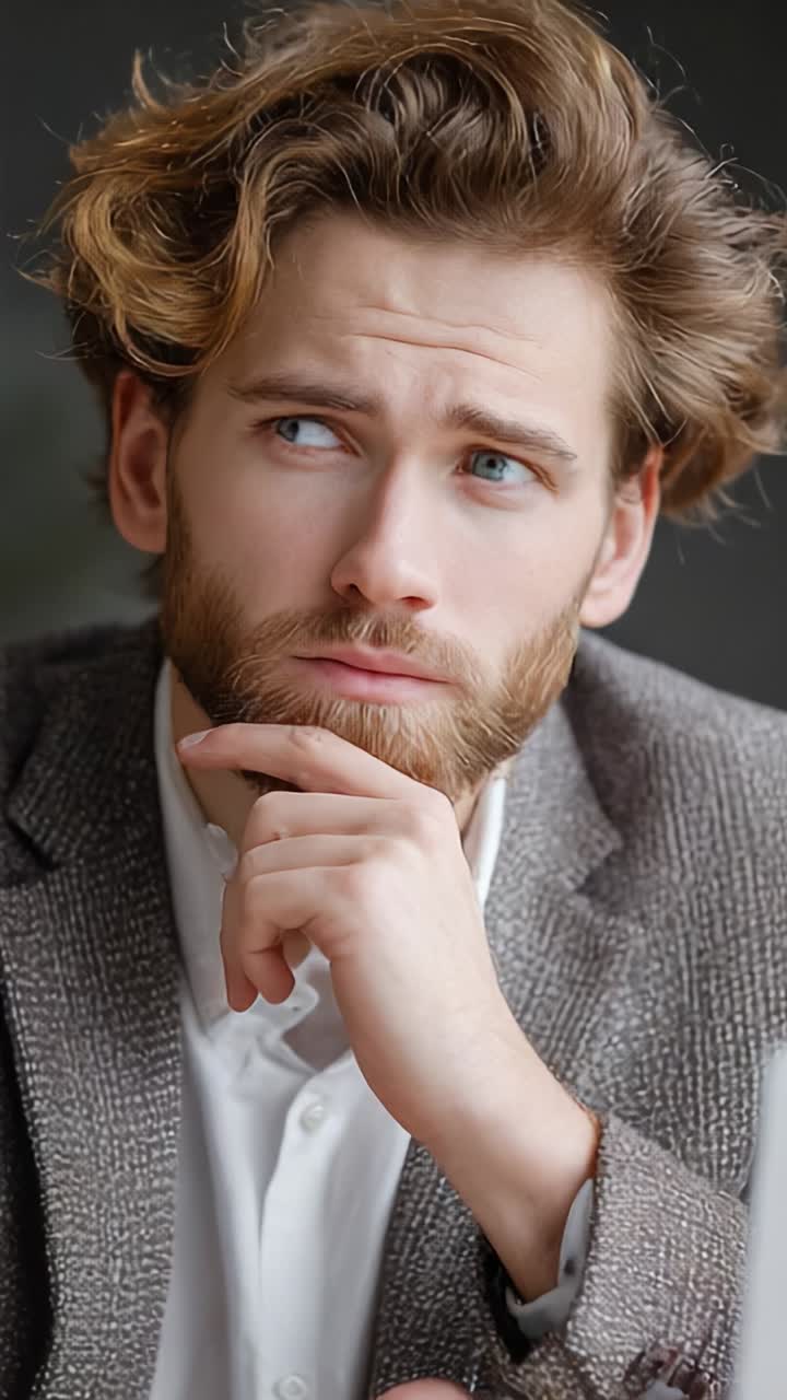 Contemplative Young Man with Stylish Hair and Thoughtful Expression in Elegant Clothing, Captured in Close-Up Frames