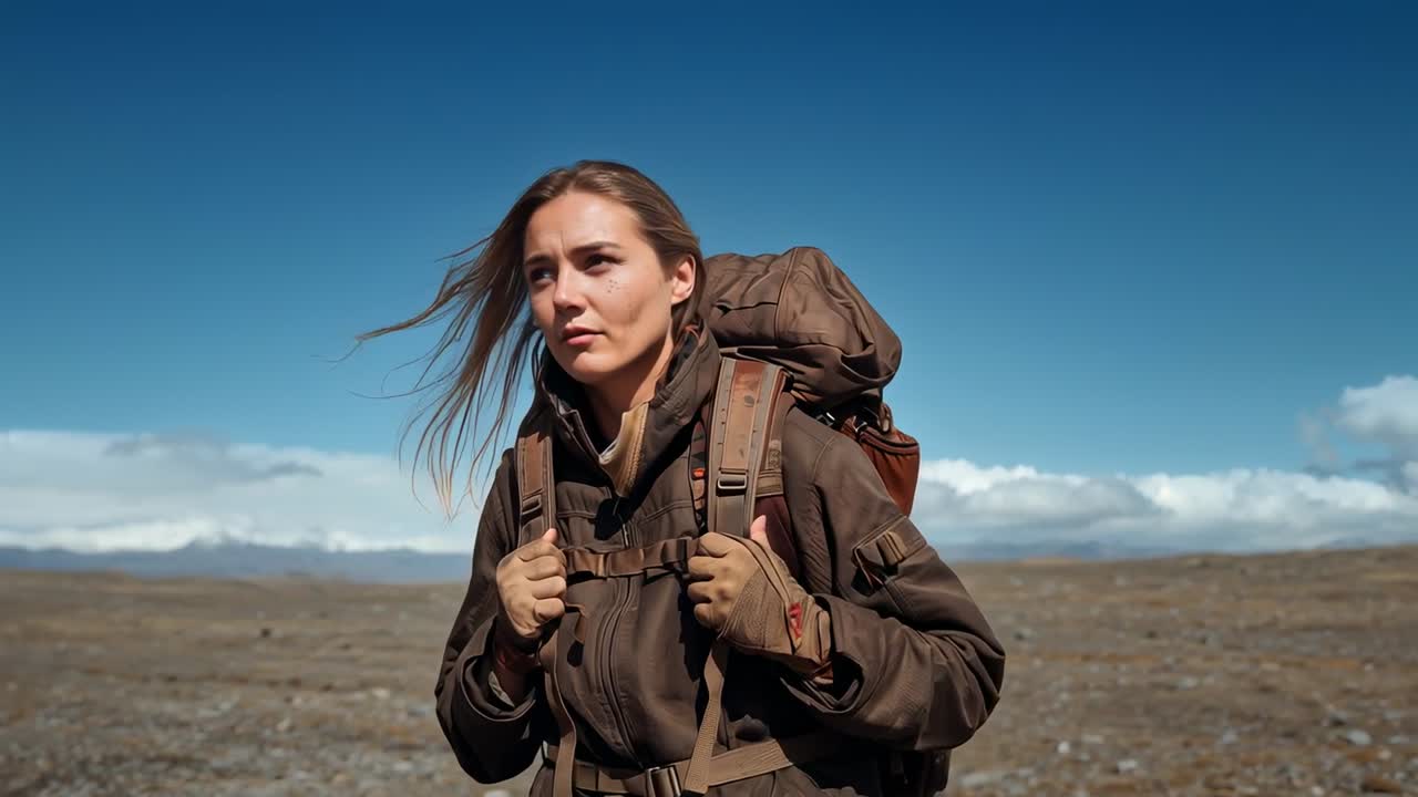 Gripping straps, woman hiker tightening chest strap and checking pack fit on plain in brown jacket