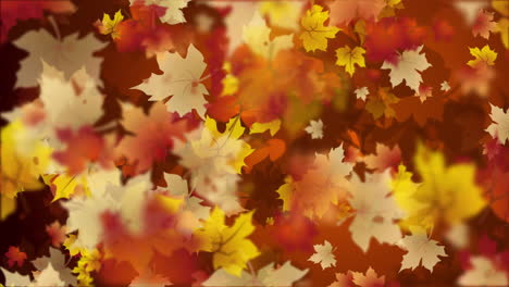 autumn painted abstract background with swirling yellow and green maple tree leaves. flat looped animation on a brown background.