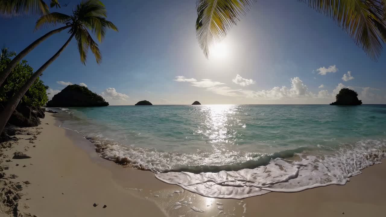A serene beach video captures a wide-angle view of turquoise waters and palm trees under a bright