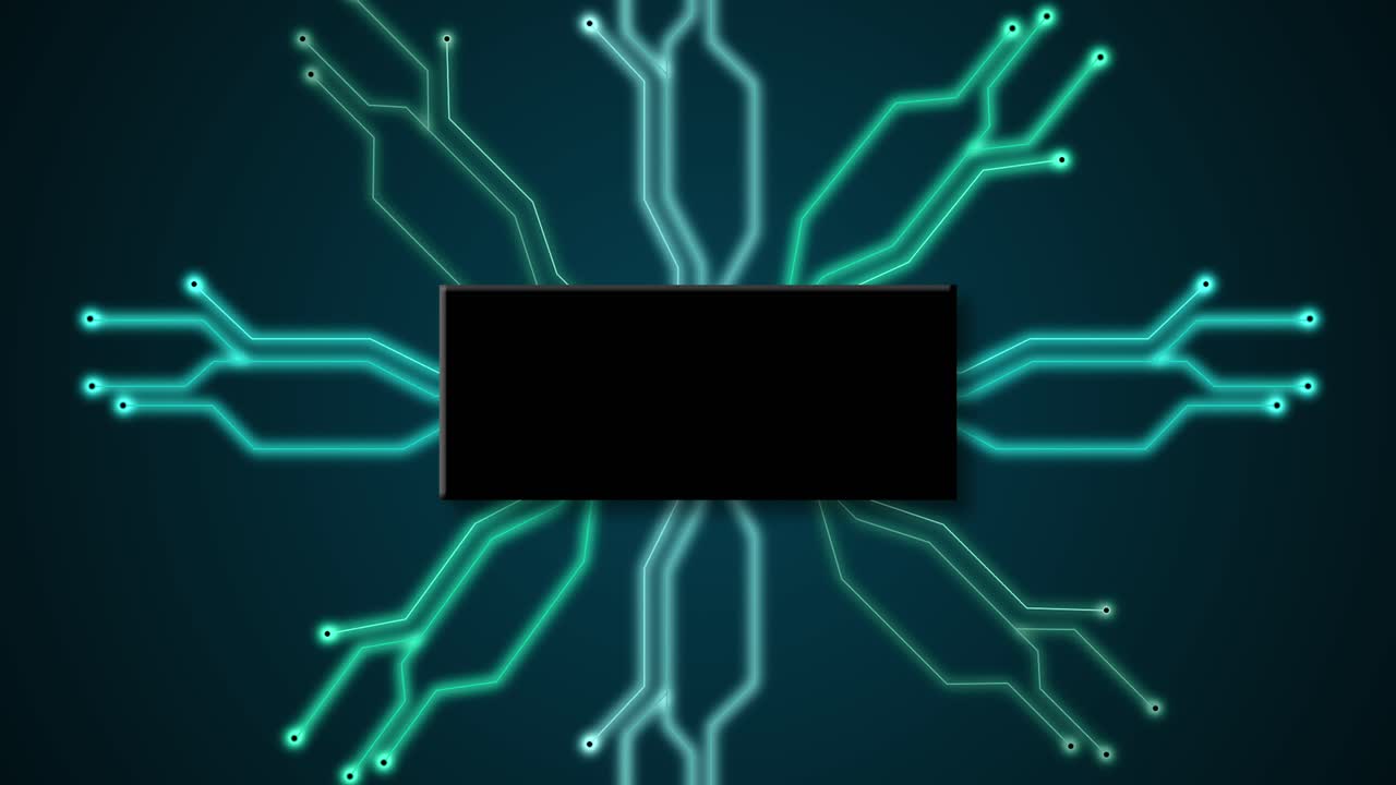 tabla de circuitos tecnología digital futurista animación 3d comunicación en fondo oscuro red electrónica de neón cpu intro títulos cibernéticos computación color azul azul cian