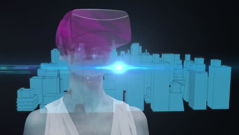 space over woman using vr headset against 3d city model spinning