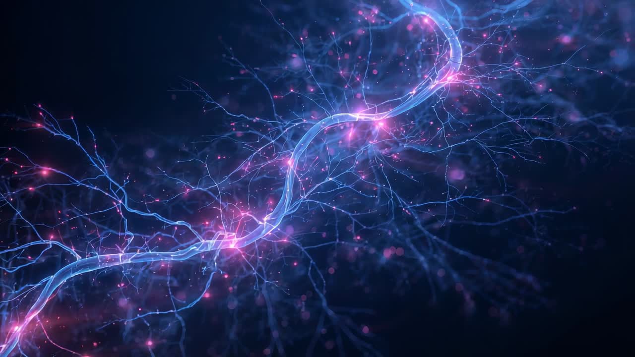 Pulsing blue filament with tendrils and brightening nodes, sending pulses across dark field