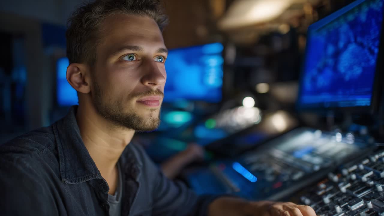 Focused Technician Working on Control Panel Surrounded by Monitors, Engaged in Complex Tasks with Digital Interfaces for Monitoring and Adjustment of Systems in a Darkened Environment