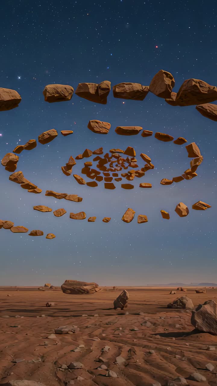 Video verticale: rocce rossastre sospese che si stringono a spirale nel deserto, con la camera che inizia a filmare