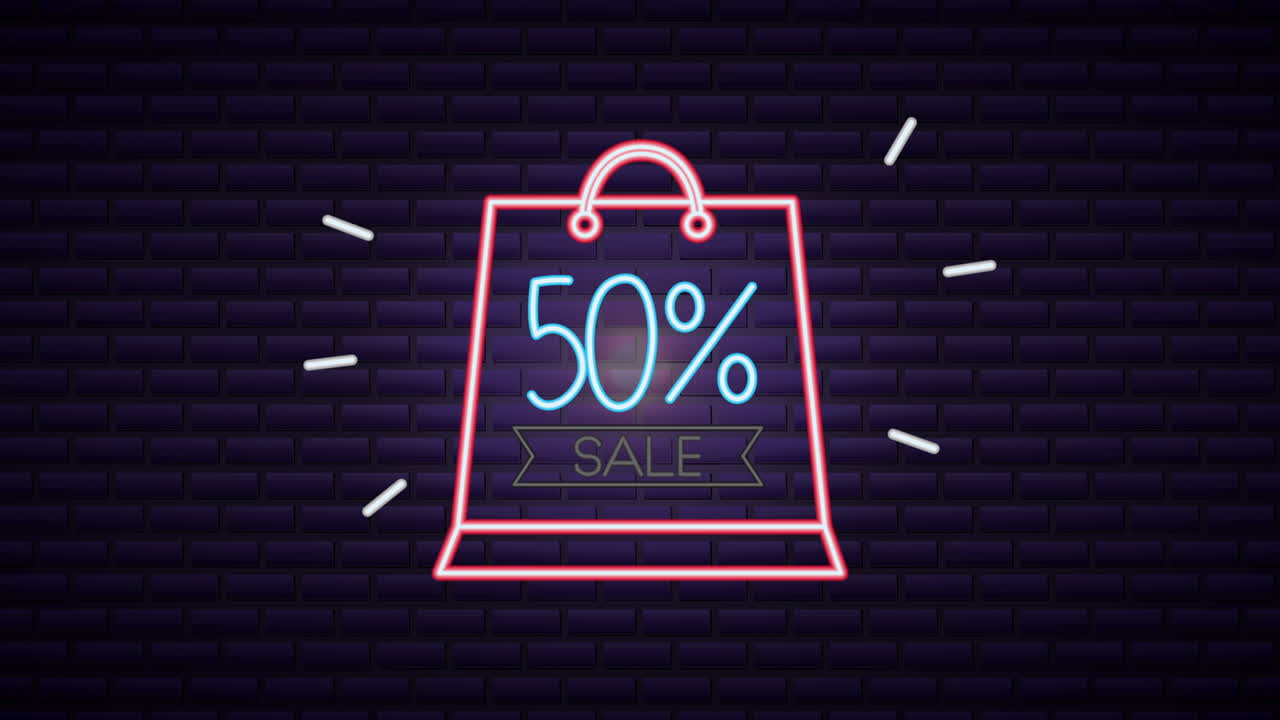 etiqueta de luz de neón comercial con bolsa de compras