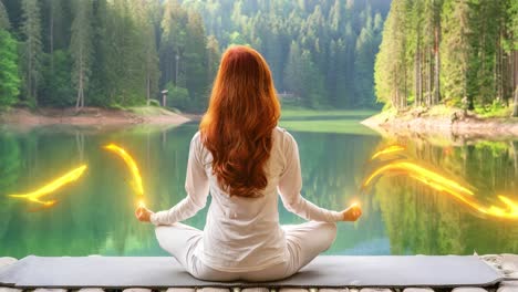 a woman meditates in a serene forest setting by a beautiful lake, bathed in the golden light of sunset