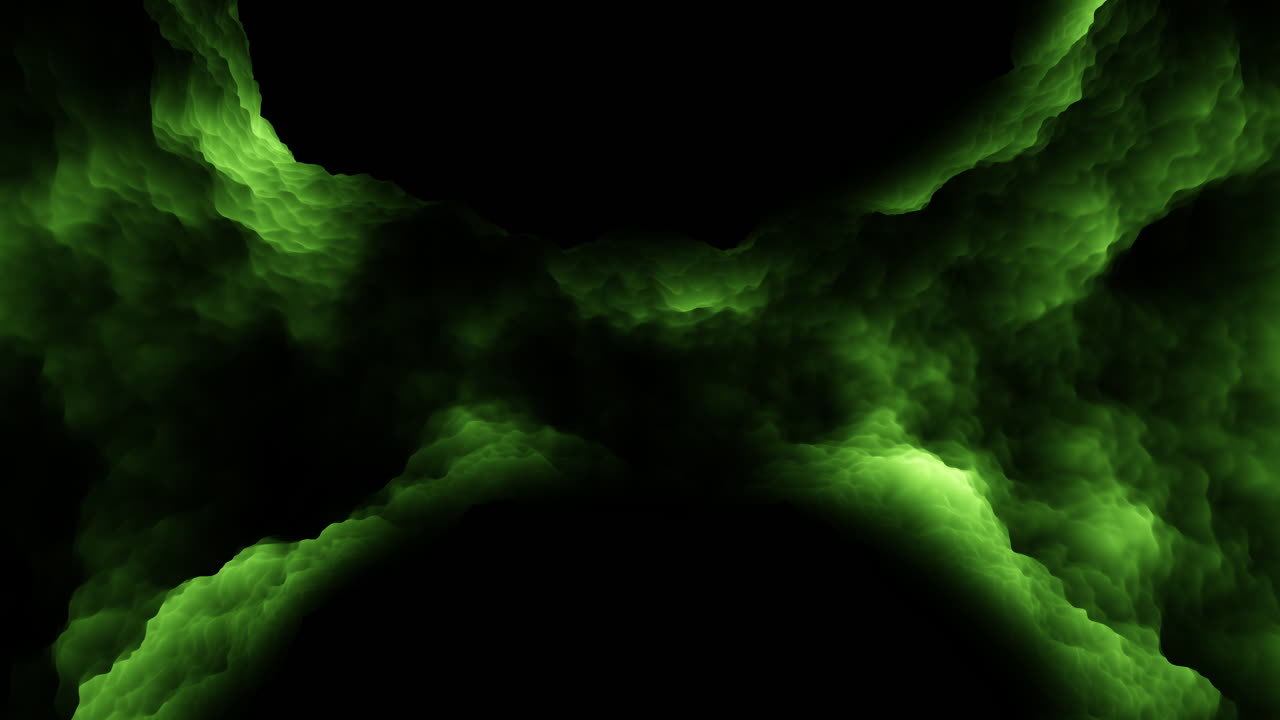 Abstrakt grøn røg og glødende nebulaskyer bevæger sig på sort baggrund