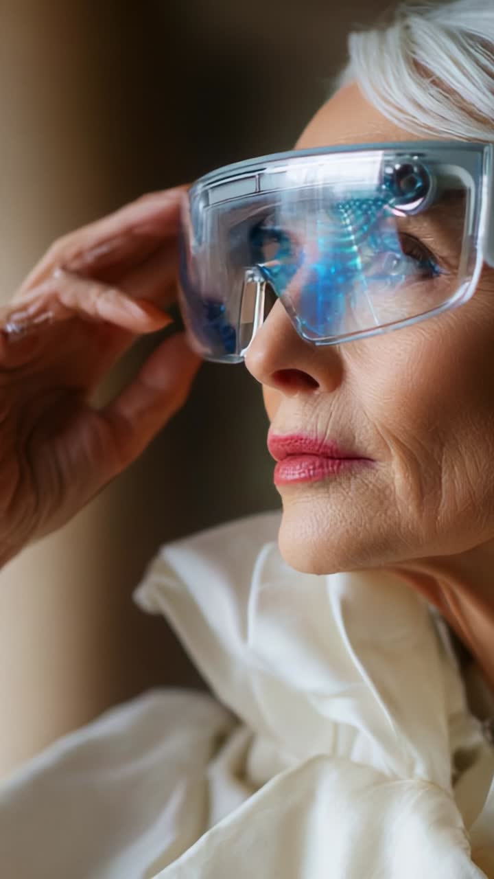 Elegant Woman Wearing Futuristic Smart Glasses, Embracing Modern Technology and Style with Grace, Captivating Expression and Stunning Looks in Soft Lighting