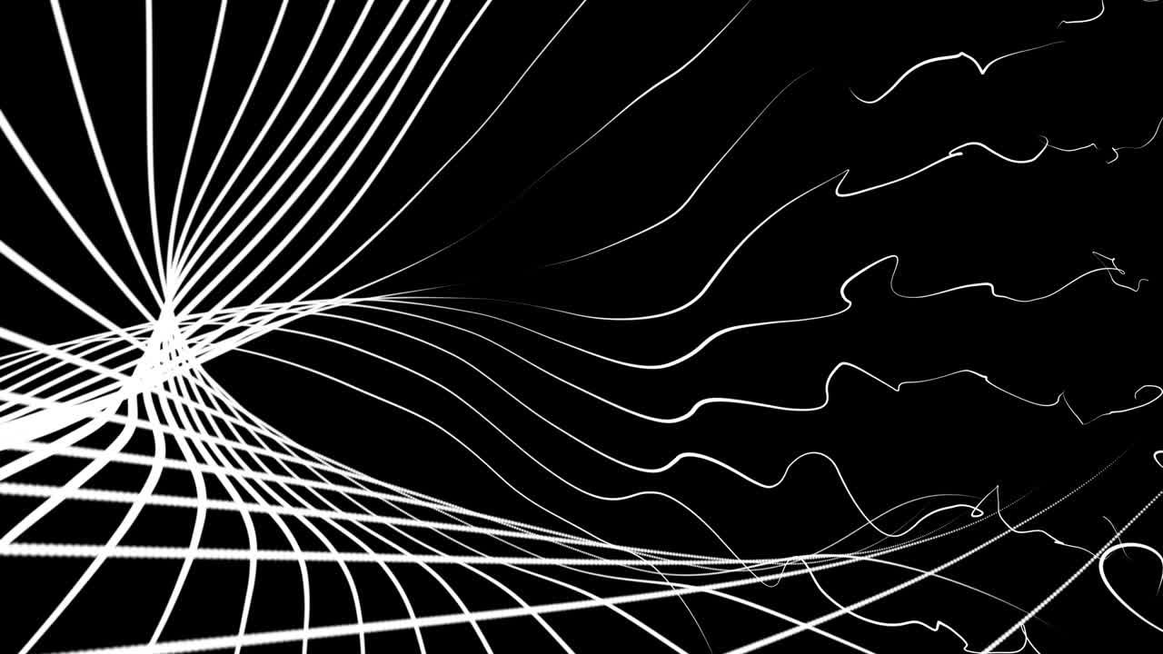 Abstract chaotic motion white waving lines texture at black background. Cyber technology digital landscape background