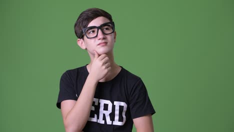 young handsome iranian teenage boy against green background