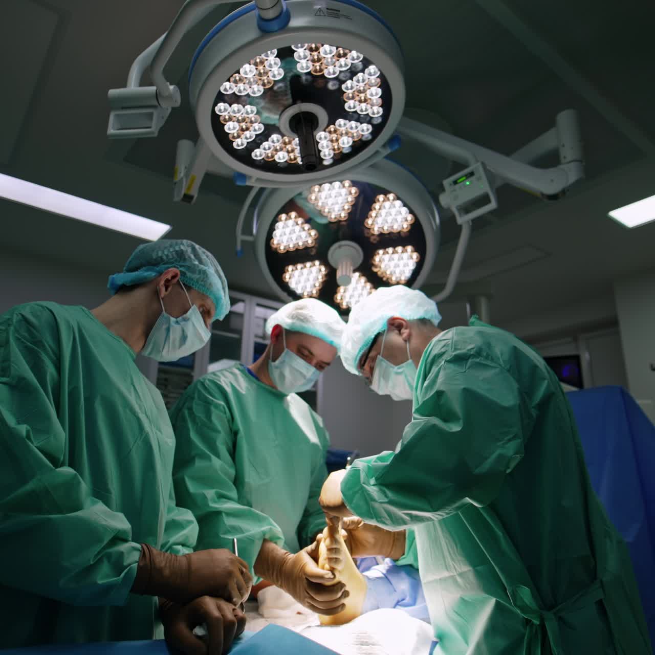 Tre chirurghi lavorano sul piede di un paziente. I medici operano attentamente l'arto infortunato.