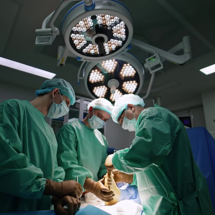 Three male surgeons work with foot of a patient. Doctors carefully operate the injured limb