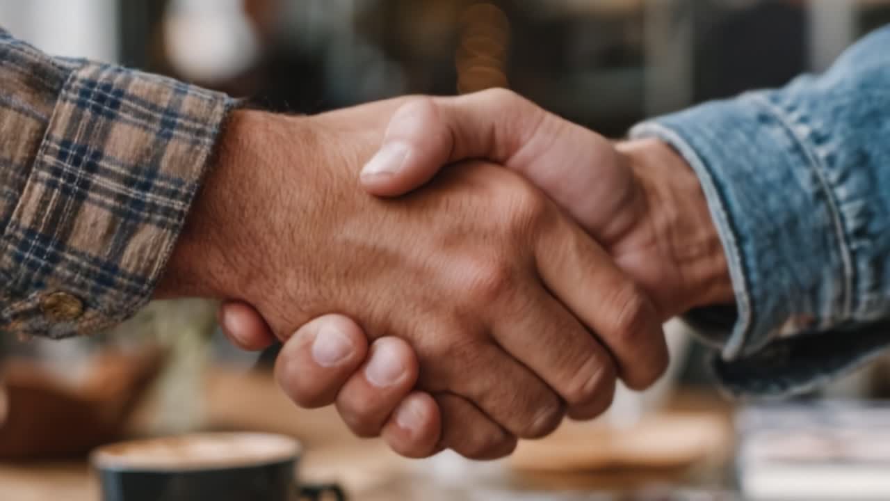 Two Hands Engaged in a Firm Handshake Signifying Agreement and Trust in a Collaborative Environment Over a Cafe Table