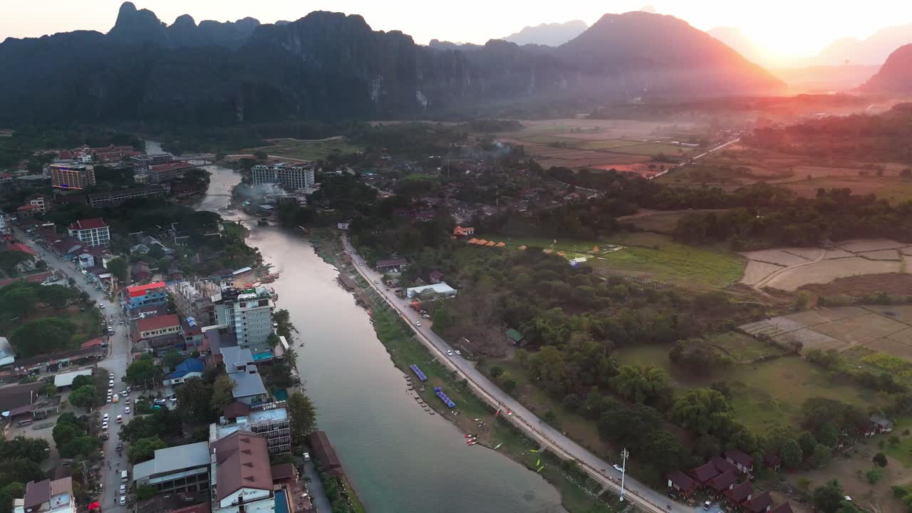 Aerial sunset view Vang Vieng north of Vientiane, on the Nam Song River in Laos, travel destination in south east Asia