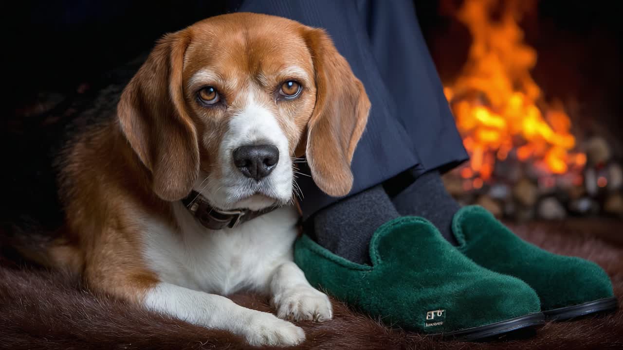 A Heartwarming Scene Featuring a Beagle Relaxing Next to a Cozy Fire While Comfortably Resting by a Pair of Green Slippers on a Warm Furry Rug