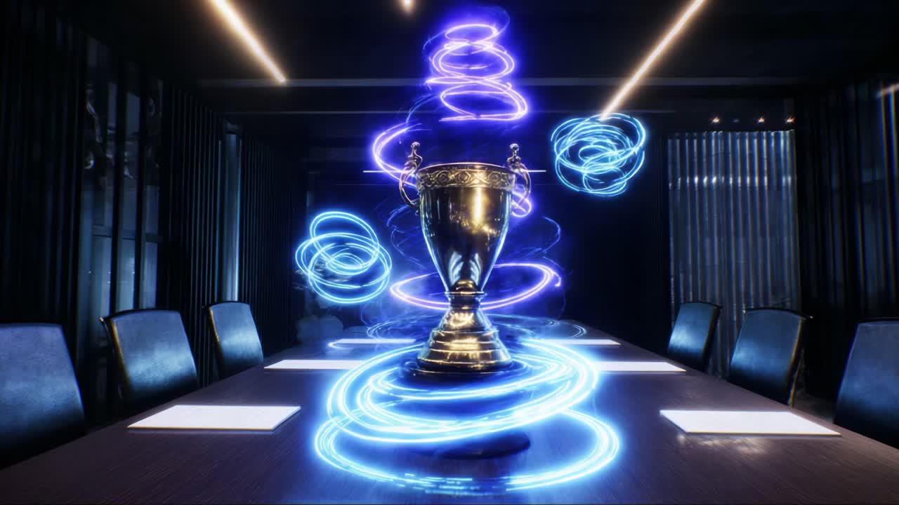 Golden trophy cup standing on a meeting room table, surrounded by swirling blue and purple neon lights, symbolizing corporate success, achievement, and celebrating business victory