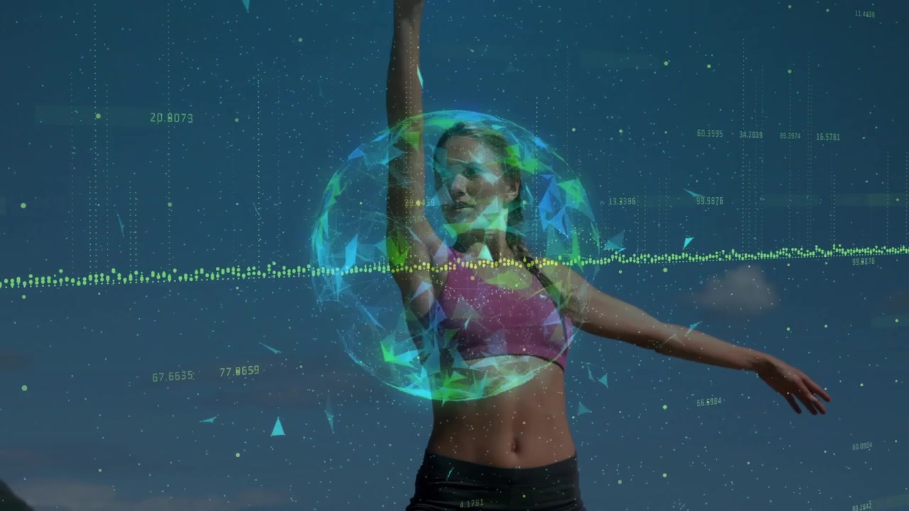 Woman starting with arms out and doing fitness flow, globe centering torso, waveform tracking arm