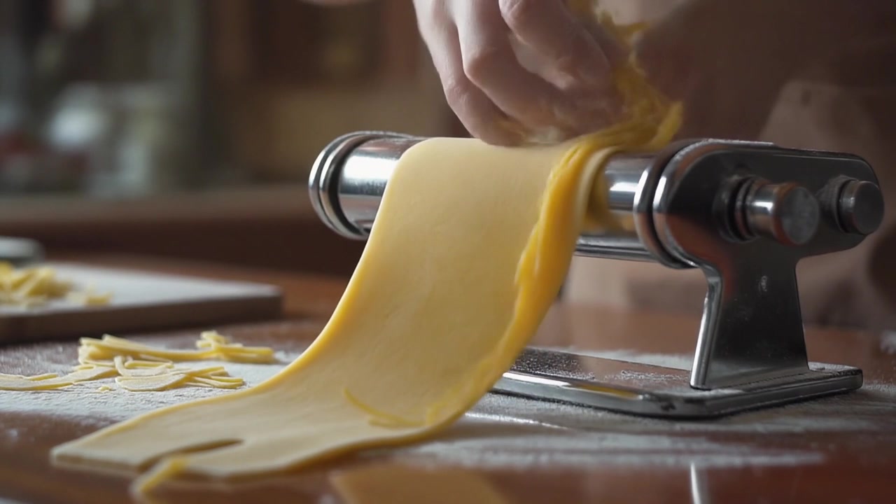 Chef Preparing Fresh Homemade Pasta with a Manual Machine