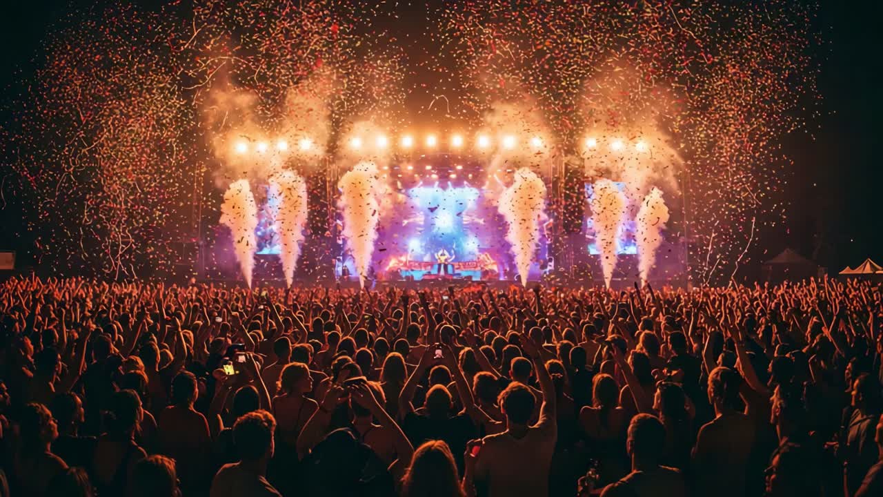 A Night of Energy and Celebration: Spectacular Fireworks and Enthusiastic Crowd at an Electrifying Music Festival Performance