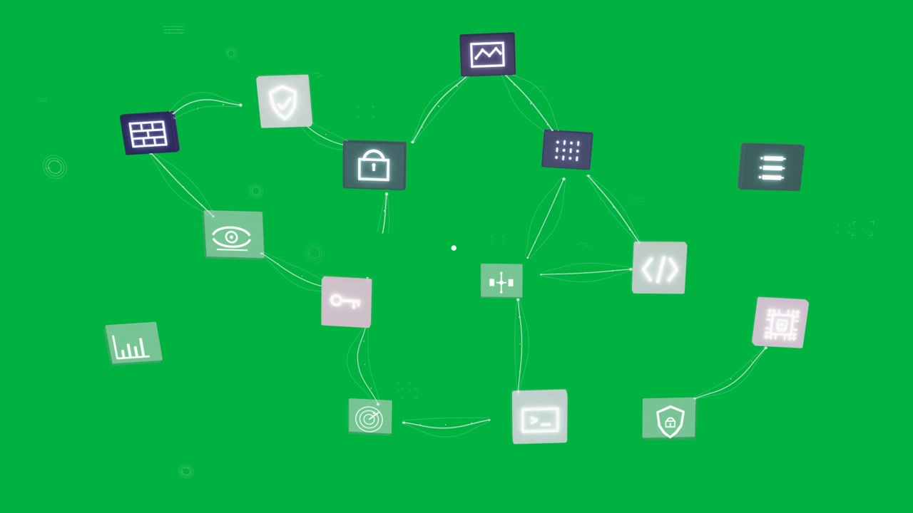 Tiny markers starting tiles forming network, dissolving on transparent canvas to show app flow