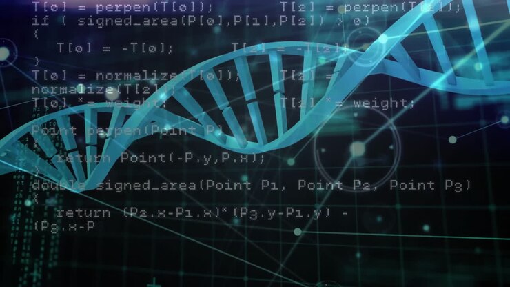 Animation of dna strand and data processing over dark background