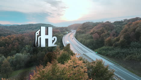 Luftaufnahme-Des-Verkehrs-Auf-Der-Straße-Zwischen-Waldlandschaft-Bei-Sonnenuntergang-Mit-Wasserstoffkonzept-–-Visuelles-H2-Effekt-Symbol-Und-Bewegungsgrafik-–-Futuristische-Innovation