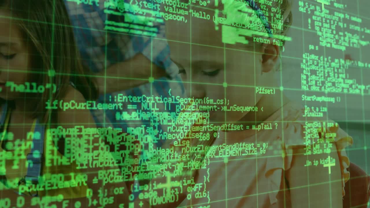 Green code grid shifting, obscuring faces and revealing two girls tapping tablets for education