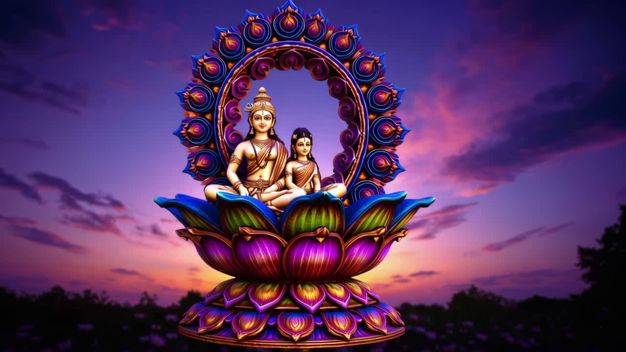 Hindu Deities on Lotus Throne at Sunset
