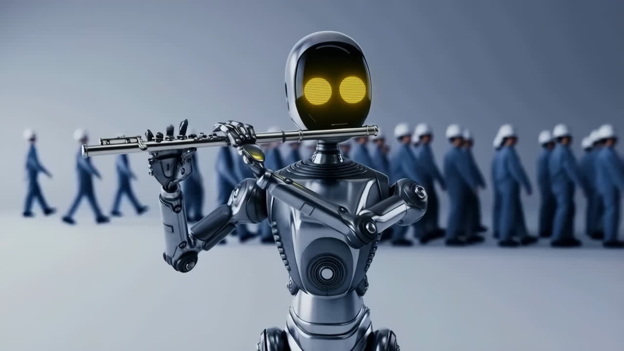 A robot playing a flute with a human ensemble in the background
