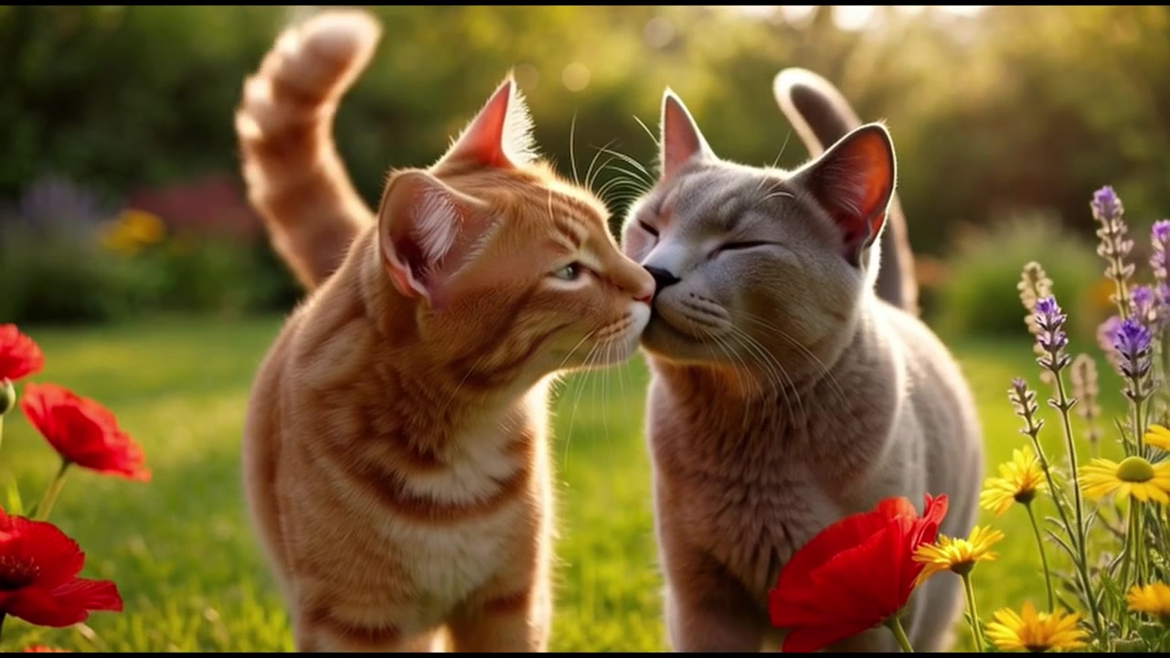 Due gatti che si coccolano in un giardino fiorito e soleggiato