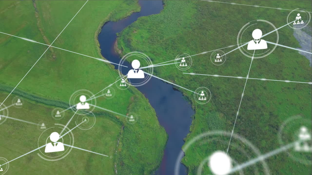 Animation of network of connections with icons over landscape