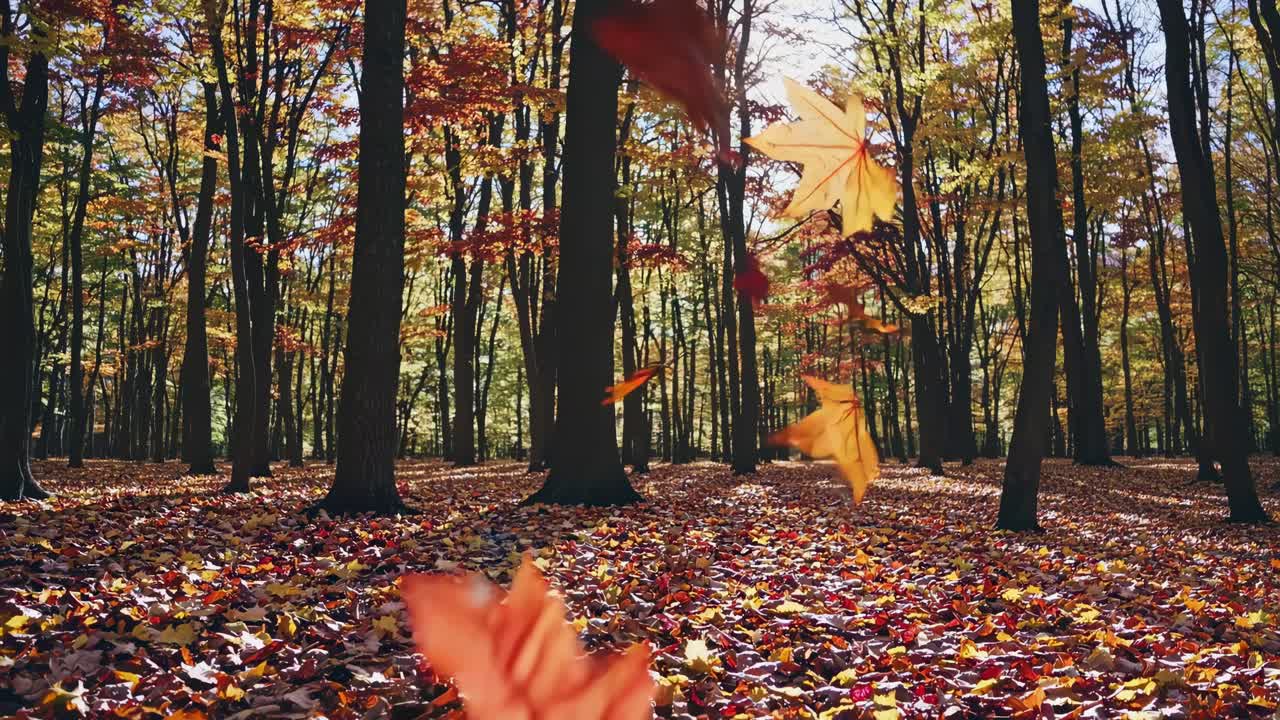 Autumn forest scene with sunlight filtering through colorful leaves