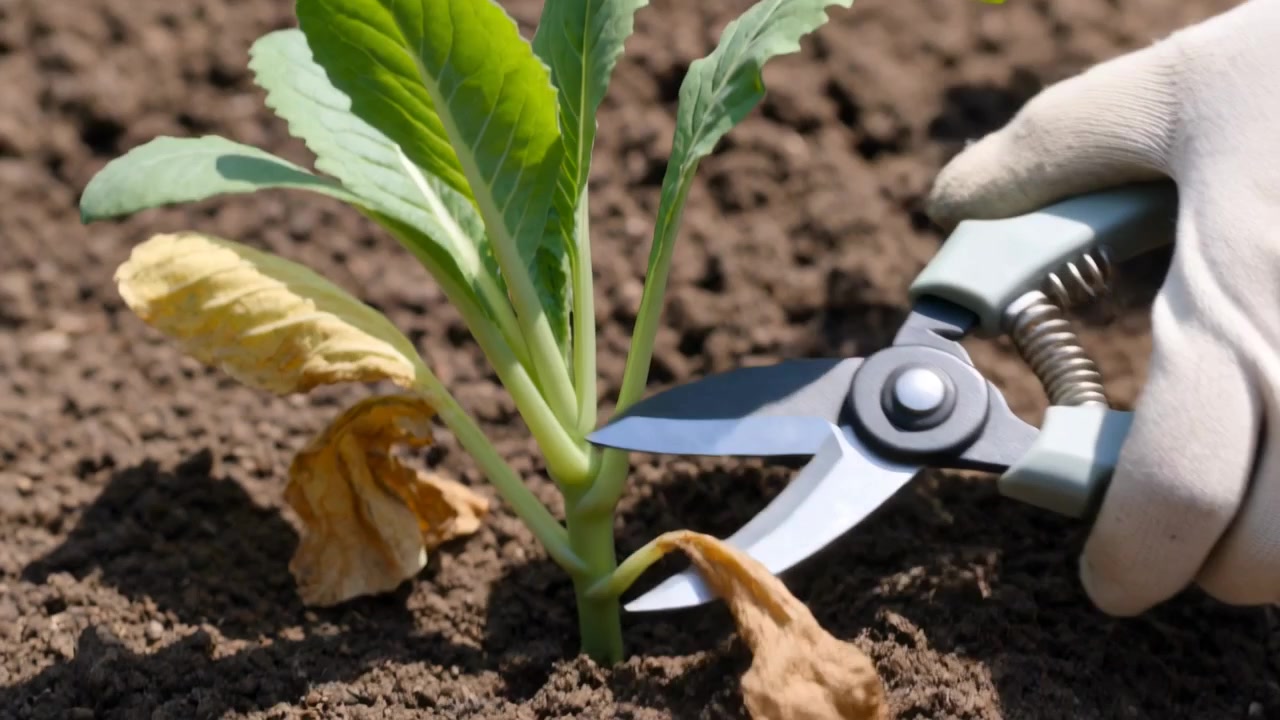 Planter frøplante i have, handsker presser jord, vander fra kande, beskærer med saks for vækst.
