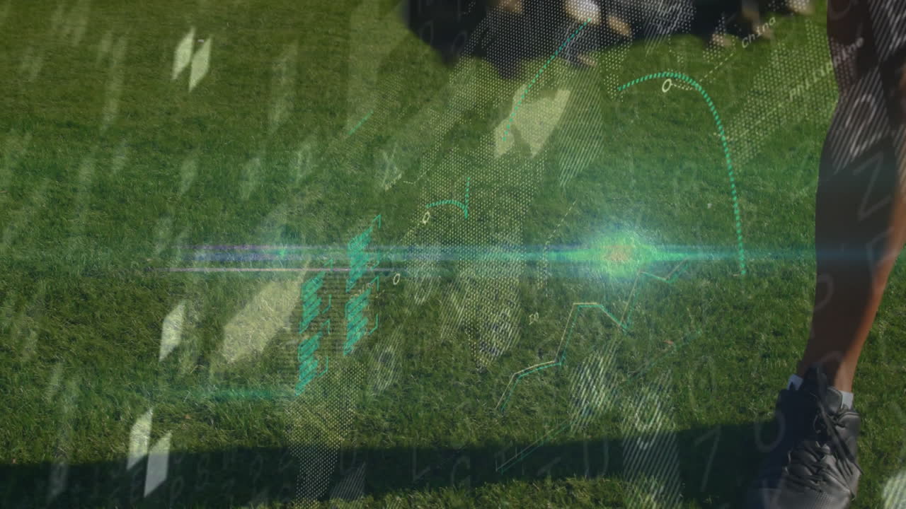 Digital data visualization animating over green grass field in nature scene