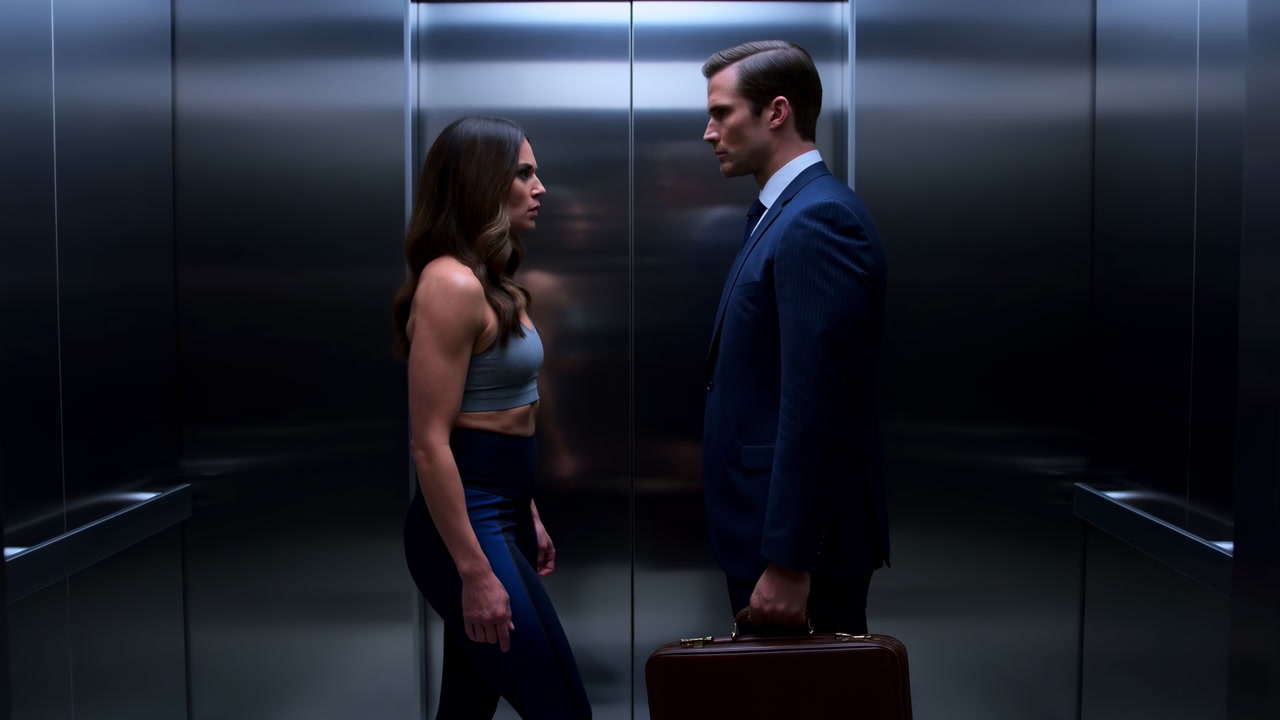 Intense Elevator Standoff Executive And Athlete Face Each Other In Mirrored Metallic Elevator Man In Suit