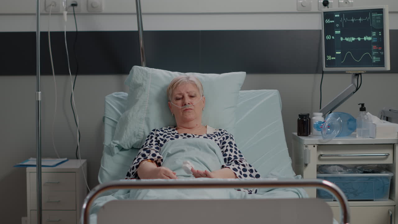 POV of aged woman with sickness talking on video call