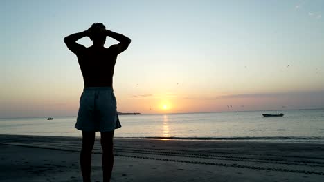 hombre en la playa tropical mirando la puesta de sol, meditar relajarse, terapia psicológica, reflexión