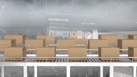 animation of financial data processing over boxes on conveyor belts and cityscape