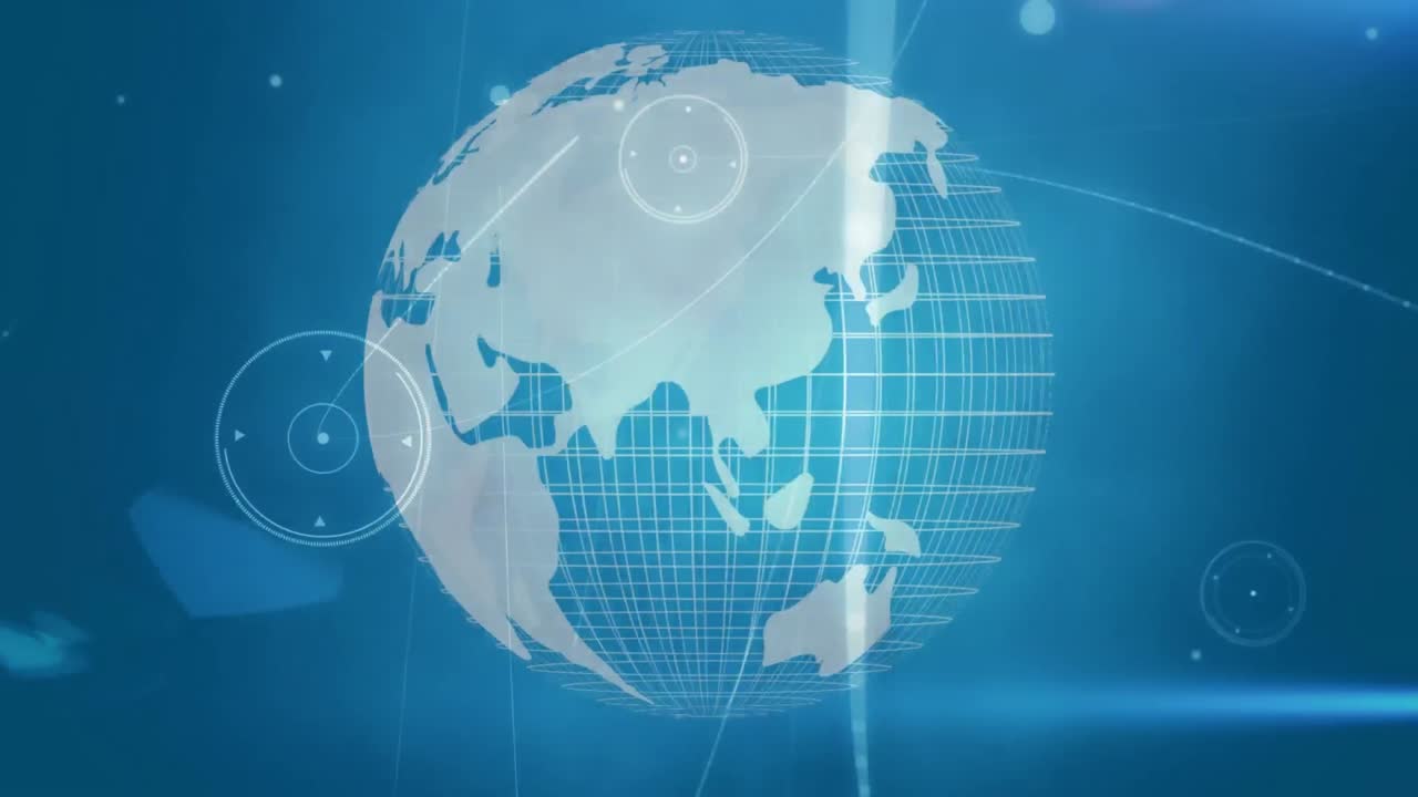 파란색 배경에 회전하는 지구상의 연결 네트워크의 애니메이션