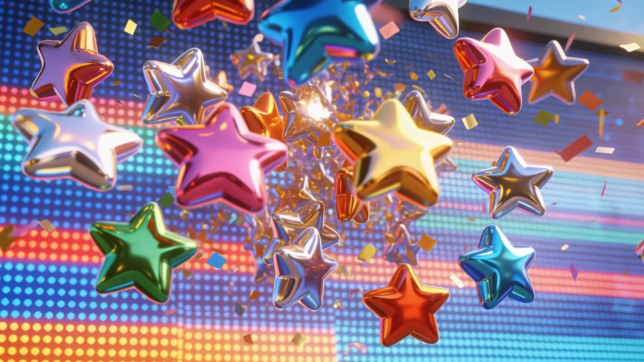 Coriandoli che compaiono, grappolo di stelle metalliche che ruota e si diffonde su un pannello LED esterno rivelando strisce