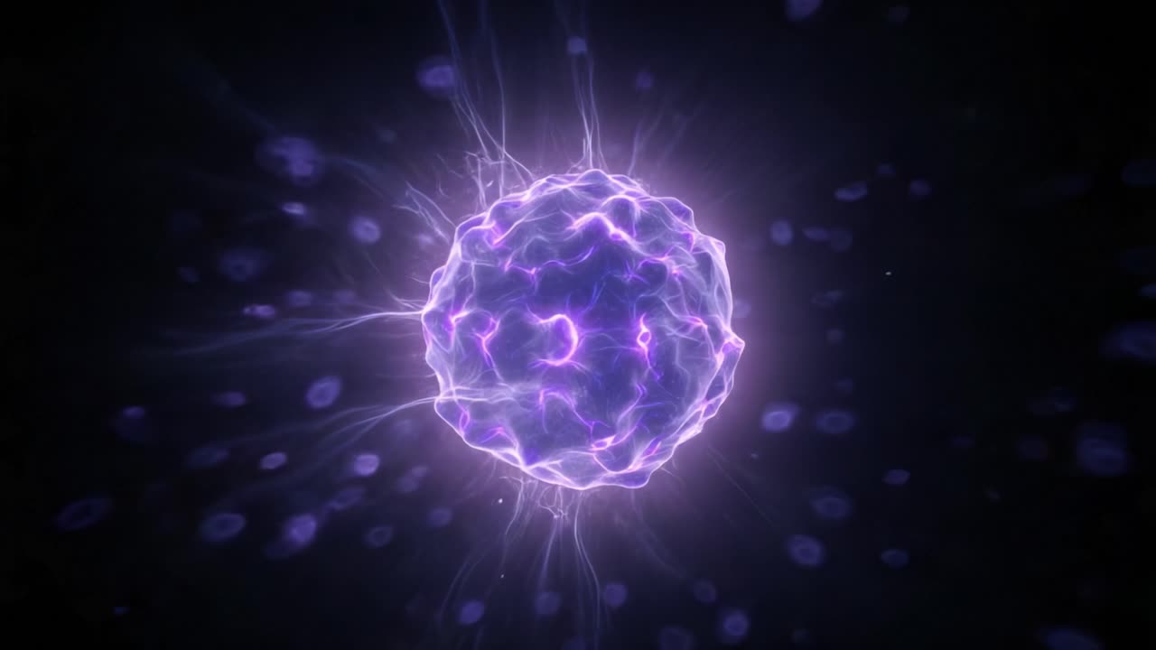 Microscopic view of a glowing purple neuron pulsating and sending electrical signals, representing biological processes, brain activity, and neurological functions within a dark environment